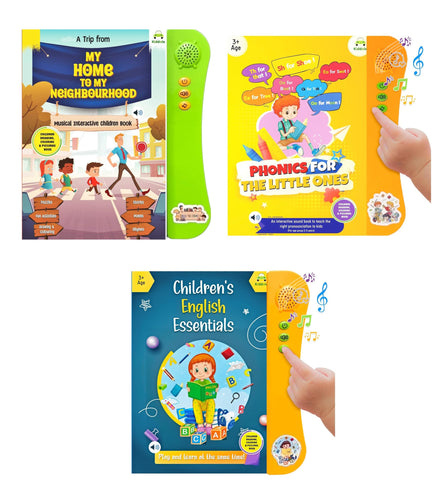 Kiddale Pack of 3 Musical Interactive Sound Books: Home & Neighbourhood,Phonics & English Essentials|Ideal Gift for Toddler|E Learning Book|Smart Intelligent Activity Books|Nursery Rhymes|Talking Book