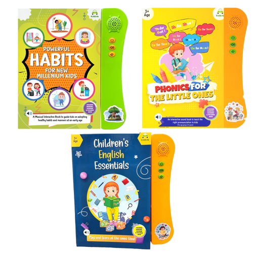 Kiddale 3-Pack Interactive Sound Books: Phonics, English Essentials, Habits | E-Learning, Nursery Rhymes, Talking Book Kiddale