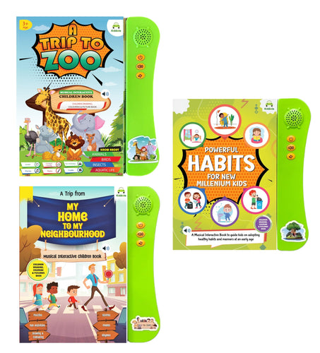 Kiddale Pack of 3 Musical Interactive Sound Books:Trip to Zoo,Home & Neighbourhood,Powerful Habits|Ideal Gift for Toddler|E Learning Book|Smart Intelligent Activity Books|Nursery Rhymes|Talking Book