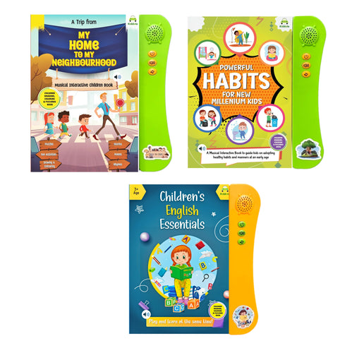 Kiddale Pack of 3 Musical Interactive Sound Books: Home & Neighbourhood,Powerful Habits & English Essentials|Ideal Gift for Toddler|Smart Intelligent Activity Books|Nursery Rhymes|Talking Book