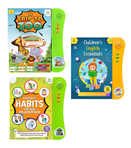 Kiddale Pack of 3 Musical Interactive Sound Books:Trip to Zoo,Powerful Habits & English Essentials|Ideal Gift for Toddler|E Learning Book|Smart Intelligent Activity Books|Nursery Rhymes|Talking Book