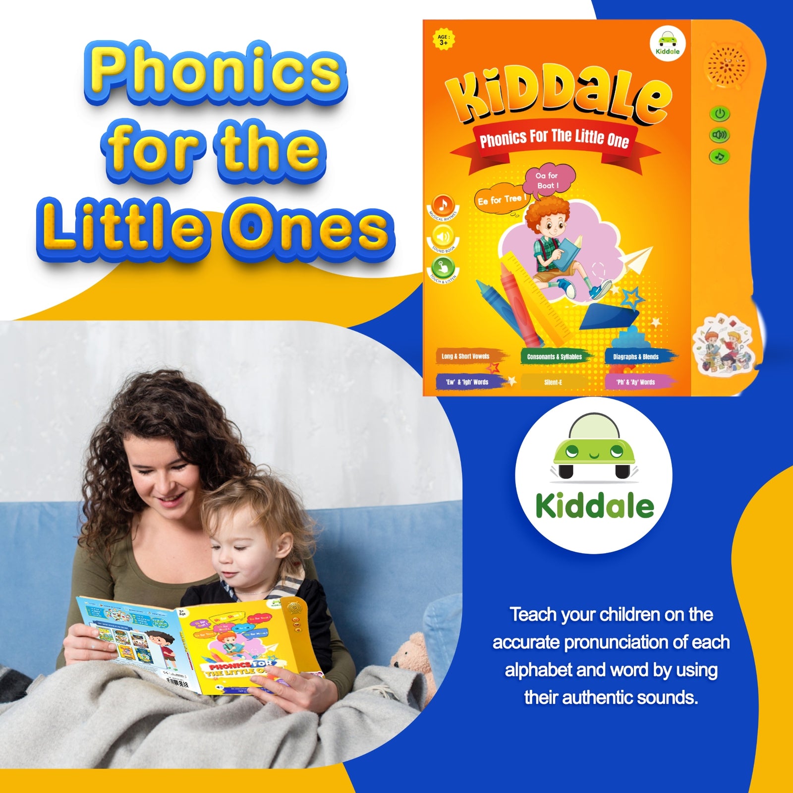 Kiddale Pack of 3: Phonics Sound Book with 2 Non-Sound Books - "Ripple in the Water" & "Chirping in the Sky" | Perfect Gift for Kids Aged 3-5 | Screen-Free Fun & Learning