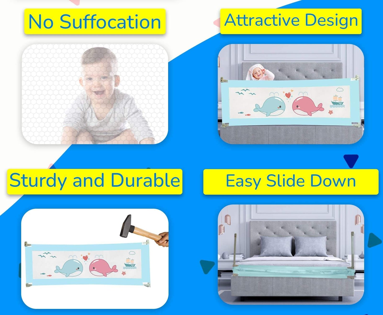 Kiddale 200cm Baby Safety Bed Rail - Adjustable Height, Blue Bed Rail Guard for Toddlers and Kids