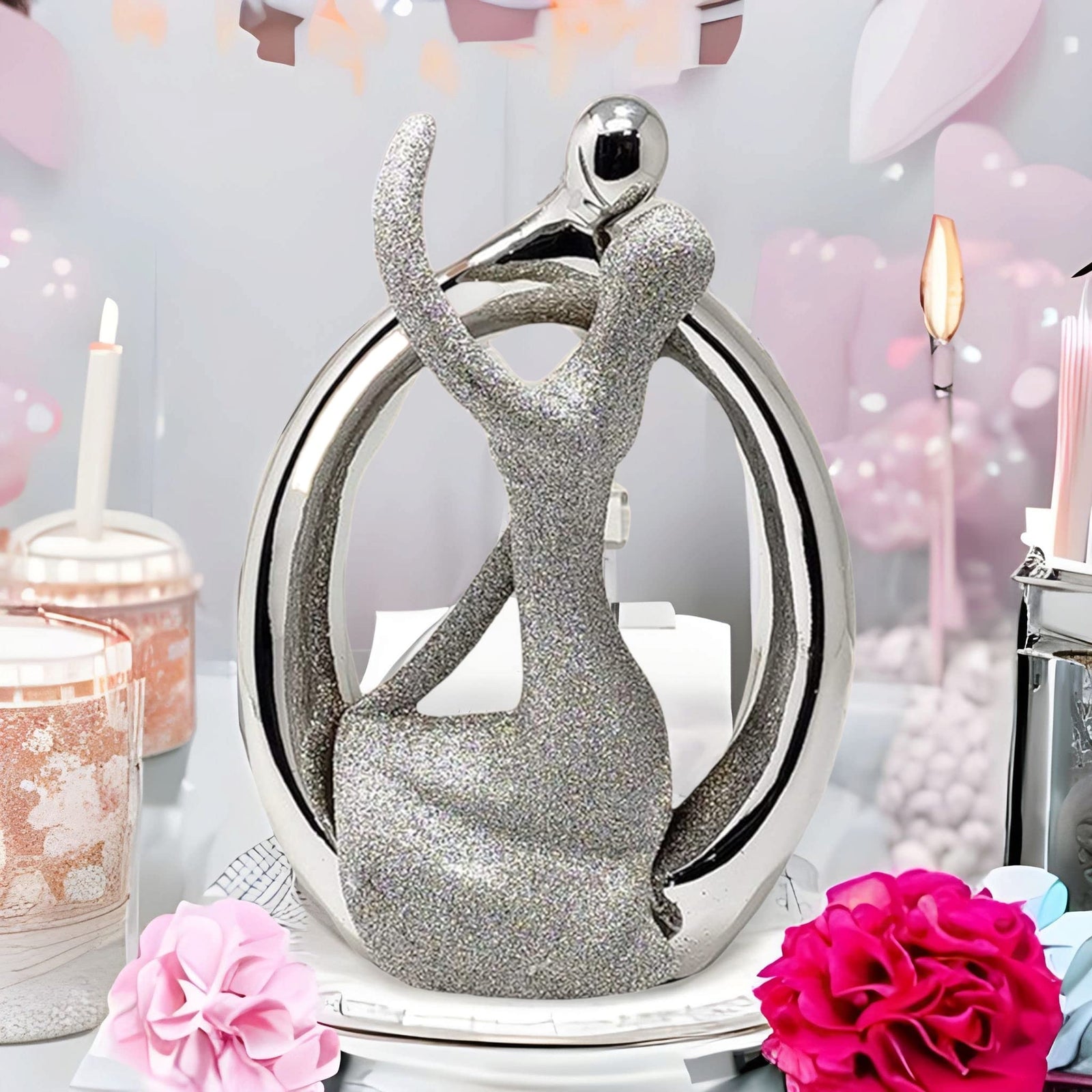 Upscale Extra Large(24cm) Beautiful Love Couple Showpiece for Home Decor, Bedroom| Silver & Glitter