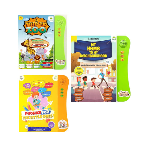 Kiddale Pack of 3 Musical Interactive Children Sound Books:Phonics,Trip to Zoo,Home & Neighbourhood|Ideal Gift for Toddler|E Learning Book|Smart Intelligent Activity Books|Nursery Rhymes|Talking Book Kiddale