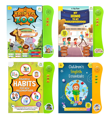 Kiddale Pack of 4 Musical Interactive Sound Books:Trip to Zoo, Home to Neighbourhood, Powerful Habits & English Essentials|Ideal Gift for Toddler|Smart Intelligent Activity Book|Nursery Rhymes