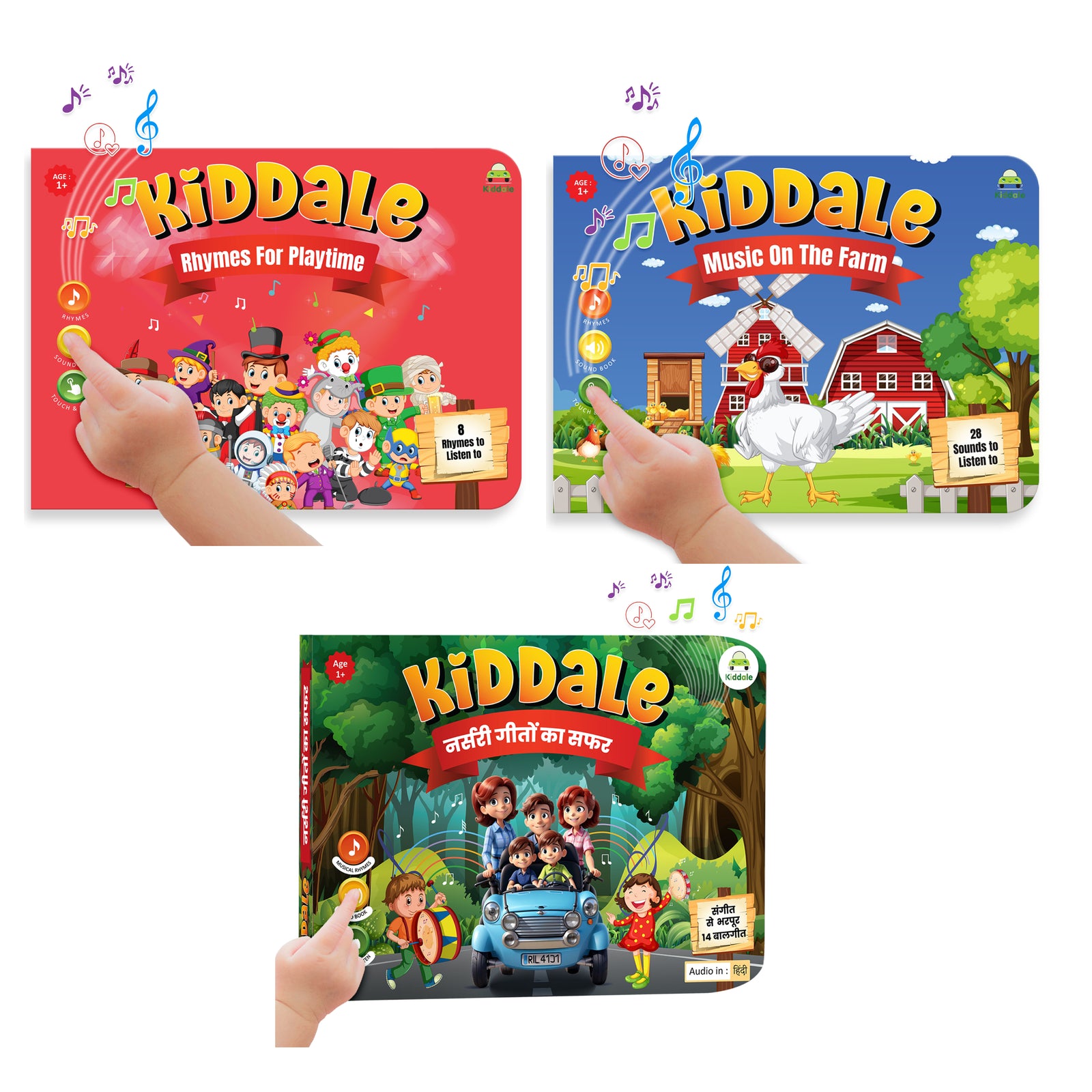 Kiddale 3-Pack Rhymes for Playtime, Music on the Farm and Hindi Nursery Rhyme Musical Interactive Sound Books