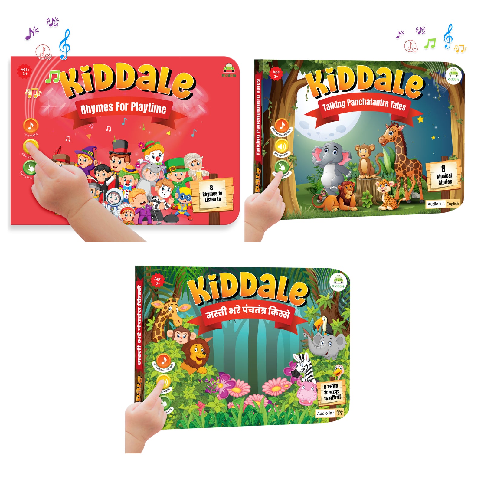 Kiddale 3-Pack Rhymes for Playtime, Hindi and English Panchatantra Musical Interactive Sound Books