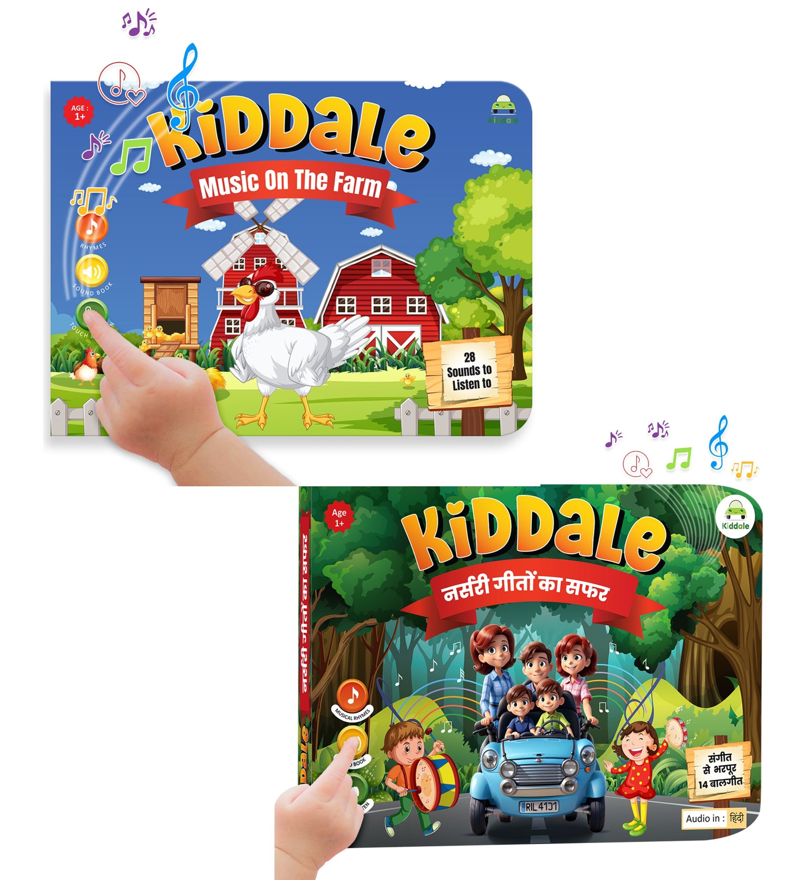 Kiddale 2-Pack Music on the Farm and Hindi Nursery Rhyme Musical Interactive Sound Books