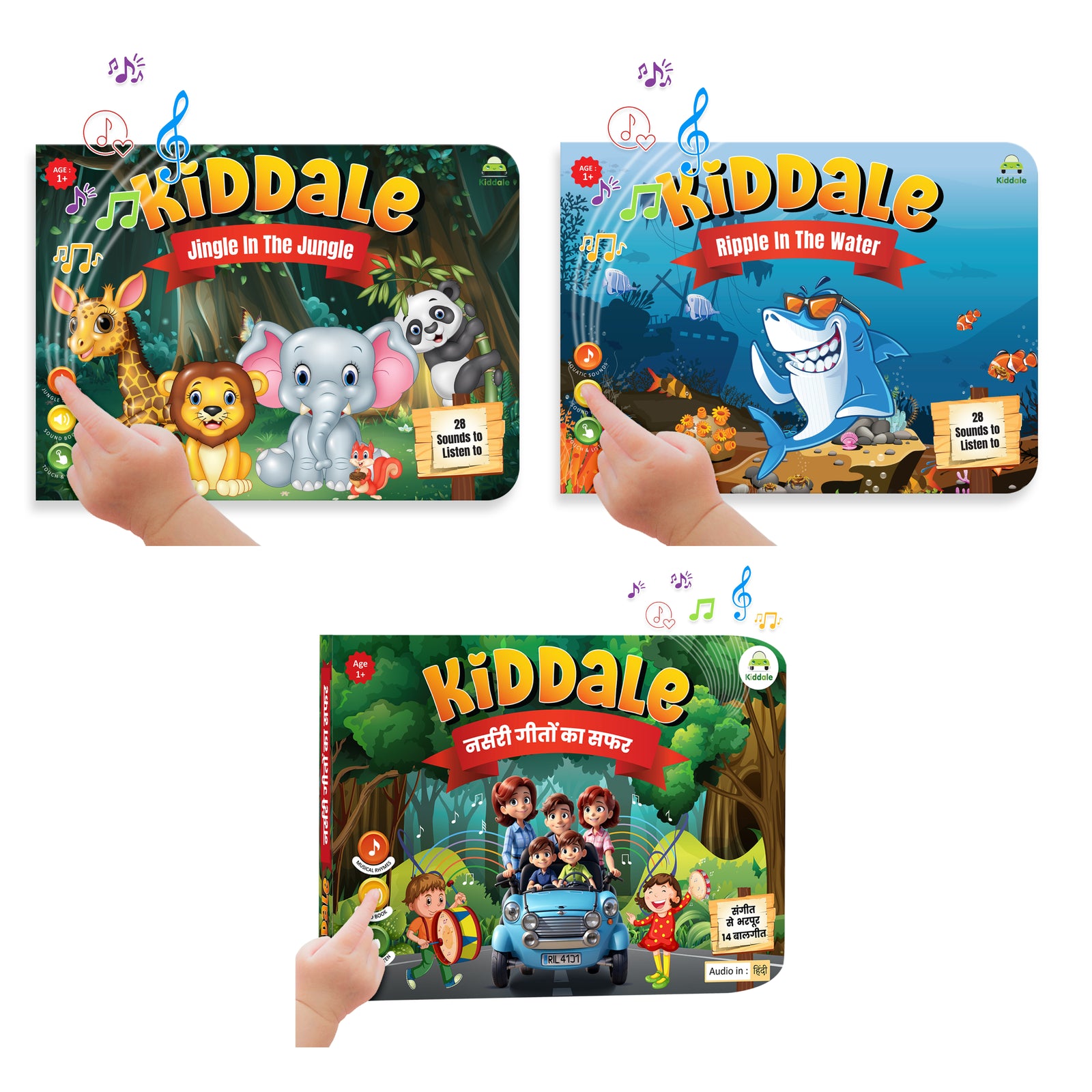 Kiddale 3-Pack Jingle in the Jungle, Ripple in the Water and Hindi Nursery Rhyme Musical Interactive Sound Books