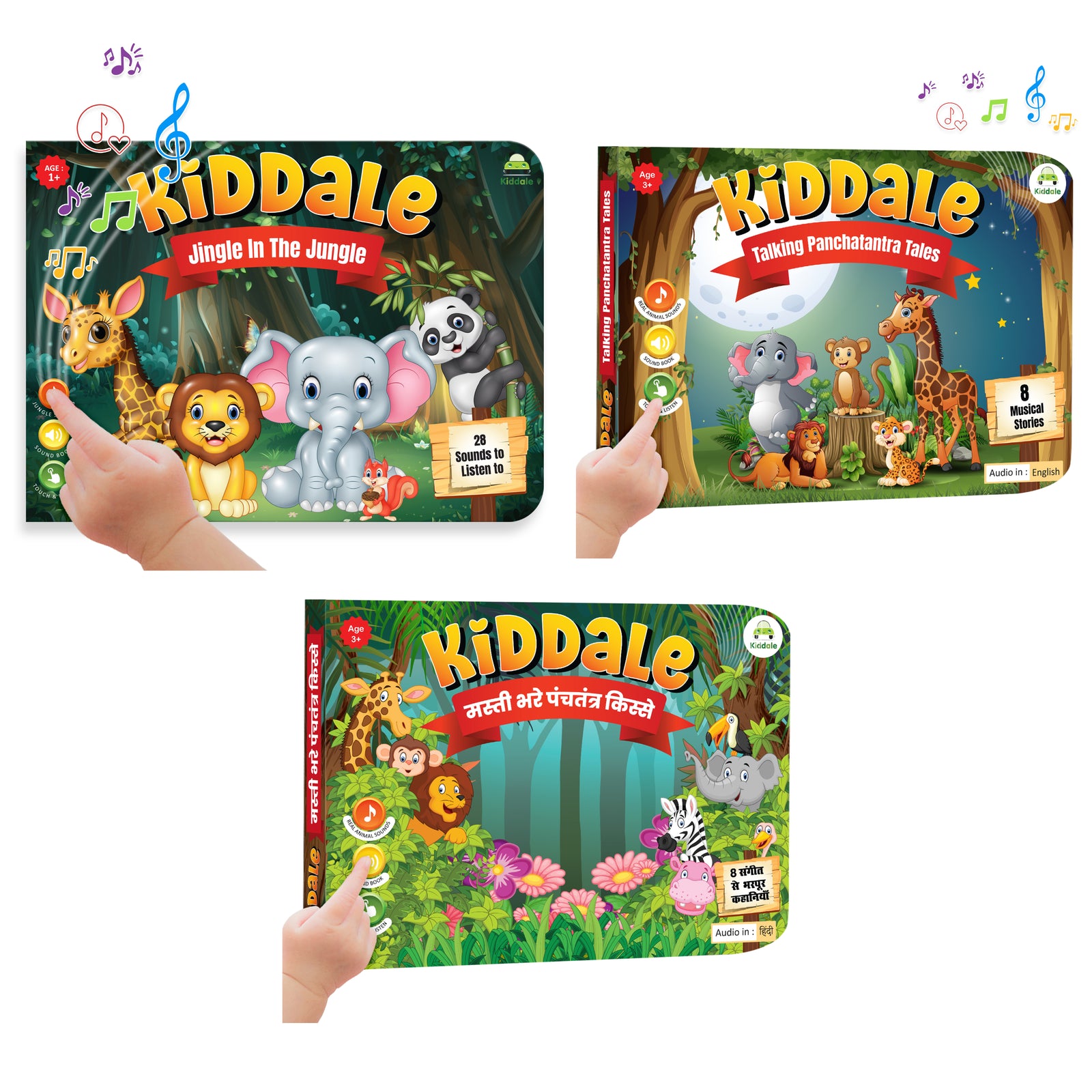 Kiddale 3-Pack Jingle in the Jungle, Hindi and English Panchatantra Musical Interactive Sound Books