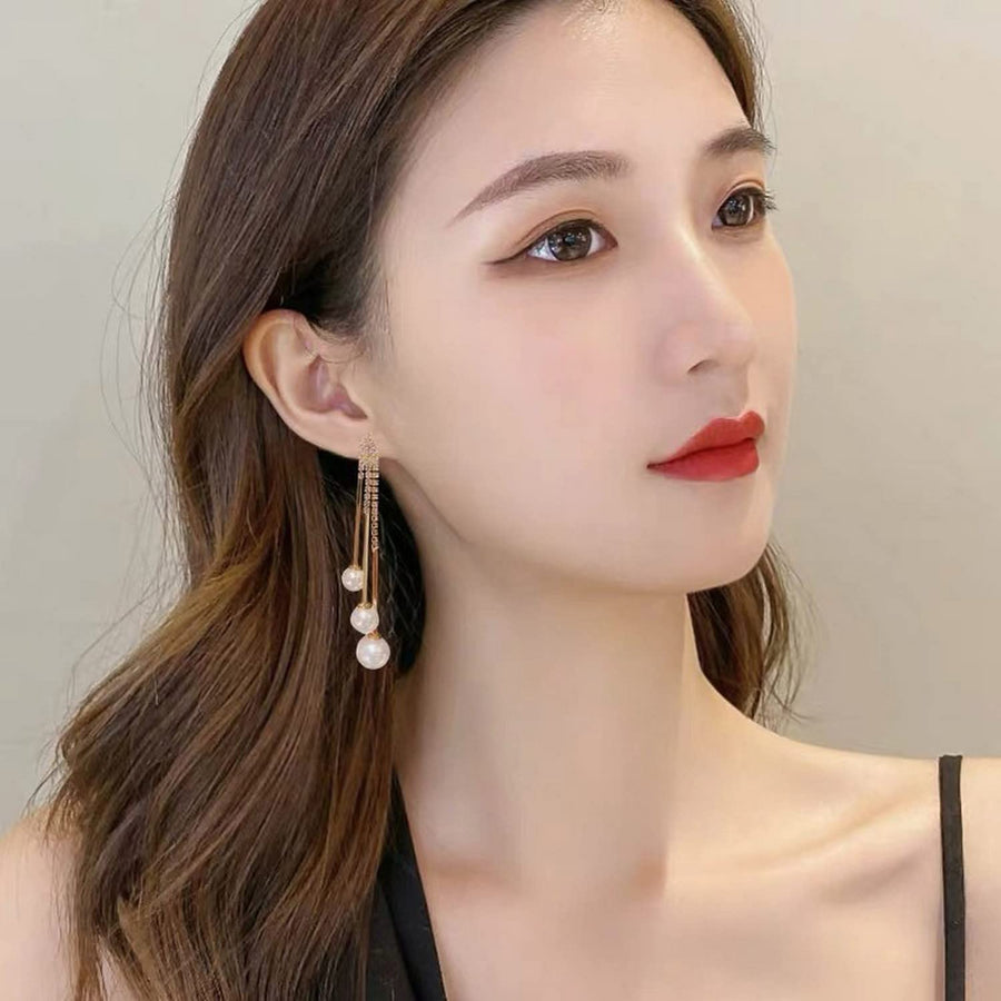 Upscale Ladies Rhinestone and Imitation Pearl Earring, Long Tassel Drop Earrings,Gold Plated, Perfect Jewellery Gift for Women and Girls - White Kiddale123