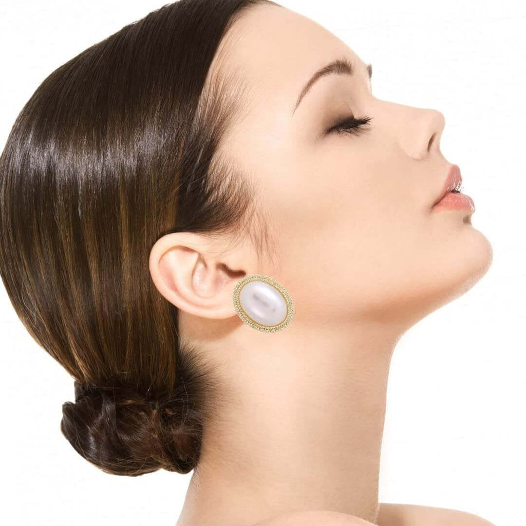 Upscale Ladies Fashion Big Pearl Earring, Geometric Oval Shaped Drop Earrings,Gold Plated Fashion Jewellery, Jewellery Gift for Women and Girls with gift box- White