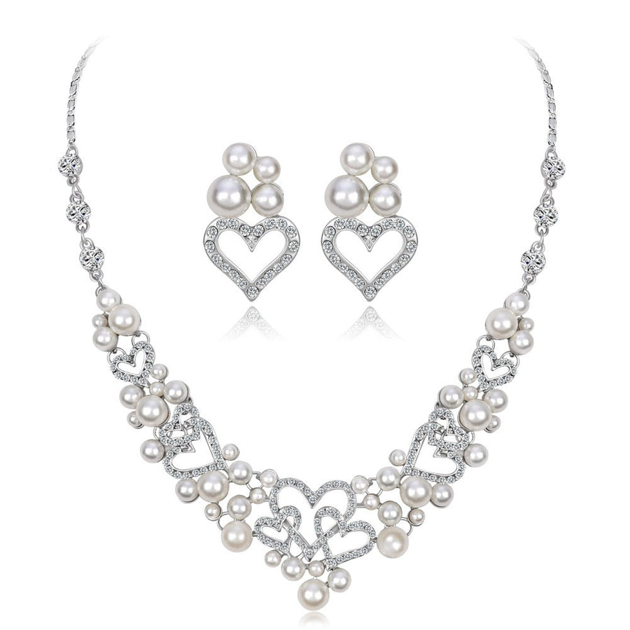 Upscale Ladies Beautiful Rhinestone and Imitation Pearl Jewellery Set, Heart Shaped Necklace and Drop Earrings, Crystal Platinum Plated Jewelry Set for Brides, Women and Girls = White Kiddale123
