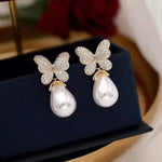 Upscale Ladies Beautiful Butterfly Shaped Drop Earrings, Rhinestone Studded & imitation pearl, Luxury Fashion Jewellery,Gold Plated,Gift for Women and Girls with Gift box - White Kiddale123