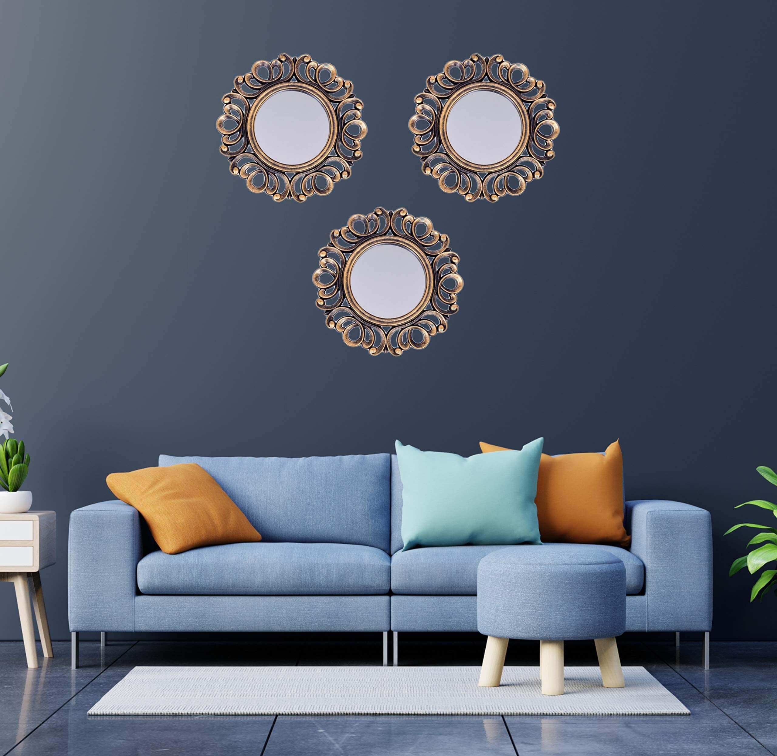 Upscale Wall Mounted Decorative Glass Mirrors for Living Room, Home Decor & Bedroom, Round Hanging Wall Decor Accessories (Gold, 10 inch) -Set of 3, Framed