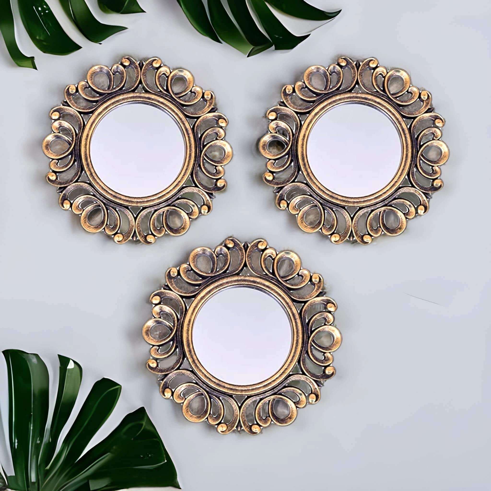 Upscale Wall Mounted Decorative Glass Mirrors for Living Room, Home Decor & Bedroom, Round Hanging Wall Decor Accessories (Gold, 10 inch) -Set of 3, Framed