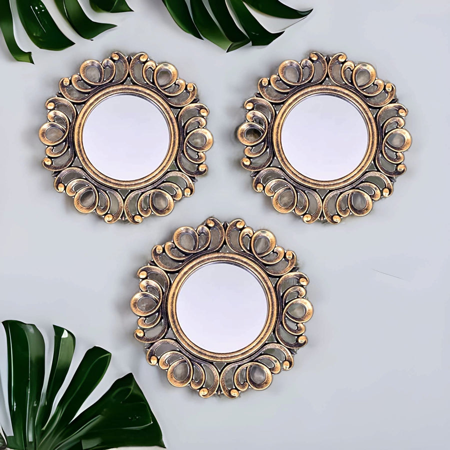 Upscale Wall Mounted Decorative Glass Mirrors for Living Room, Home Decor & Bedroom, Round Hanging Wall Decor Accessories (Gold, 10 inch) -Set of 3, Framed Kiddale123