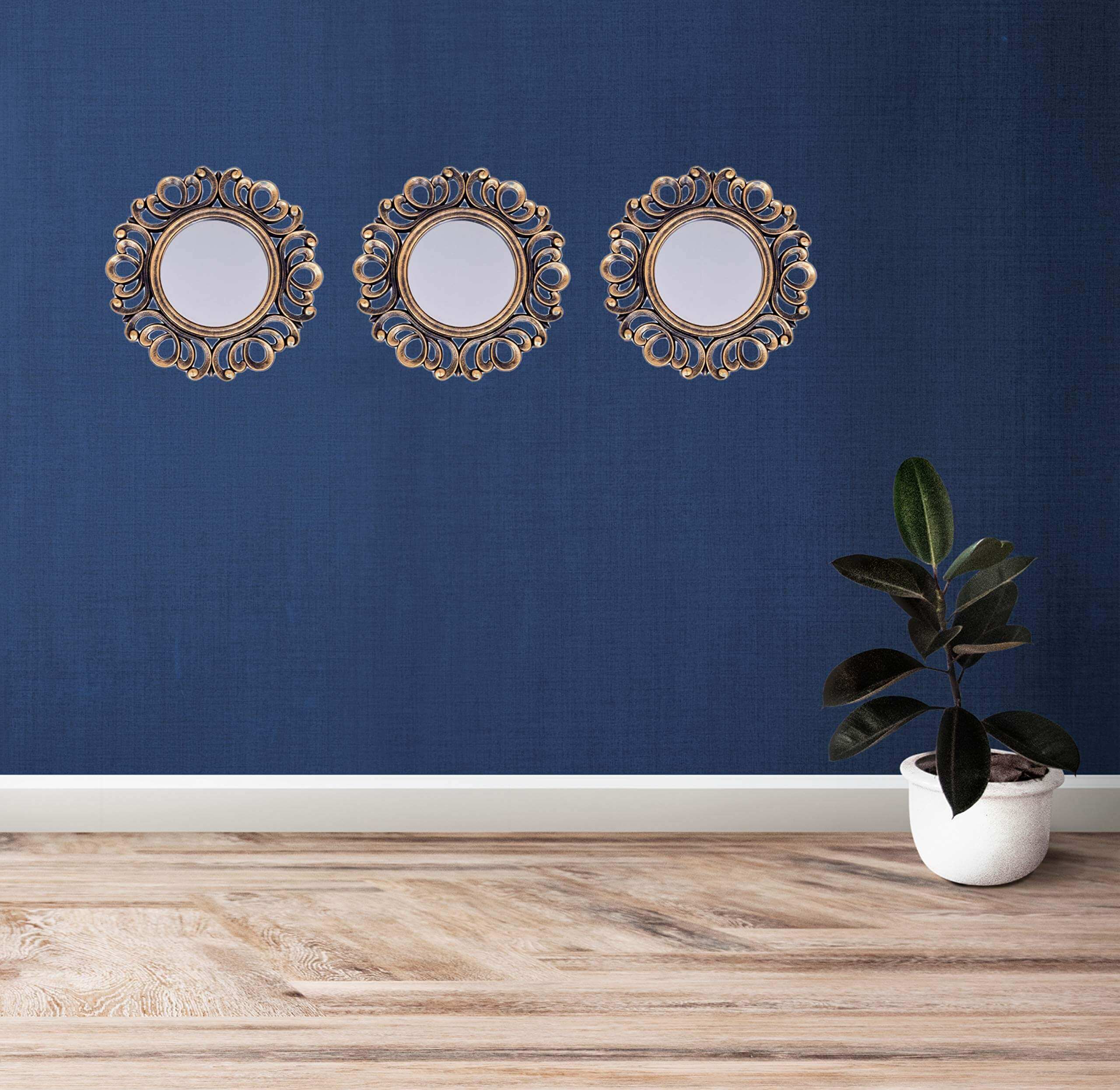 Upscale Wall Mounted Decorative Glass Mirrors for Living Room, Home Decor & Bedroom, Round Hanging Wall Decor Accessories (Gold, 10 inch) -Set of 3, Framed