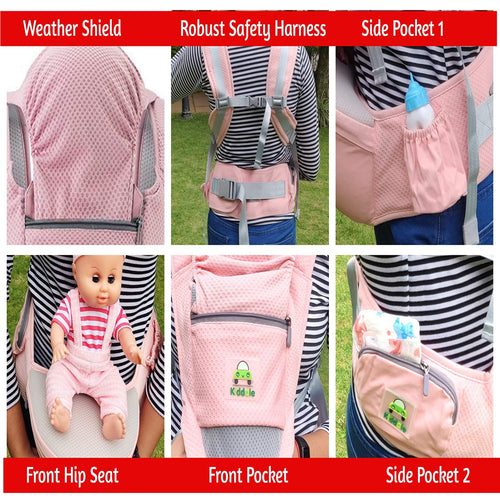 Kiddale Baby Carrier Sling, Kangaroo Bag, Carrying Belt with Detachable Hip Seat,Adjustable Waist Length(Upto 40 inch),Ergonomically Designed - Pink Kiddale